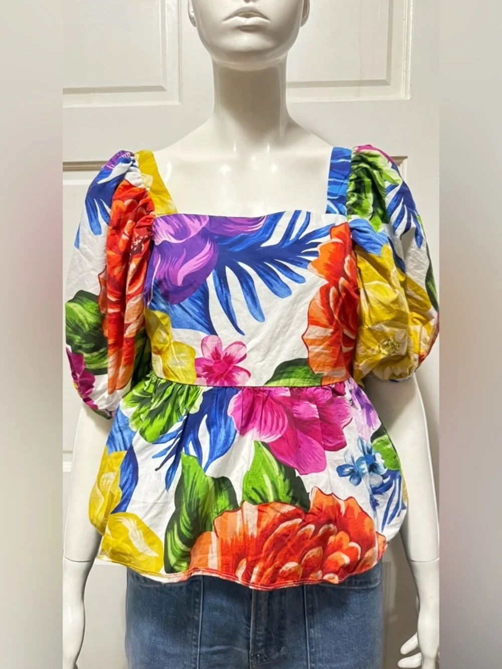 Farm Rio Boho Rainbow Chita Empire-Waist puff Sleeve Blouse Size Small